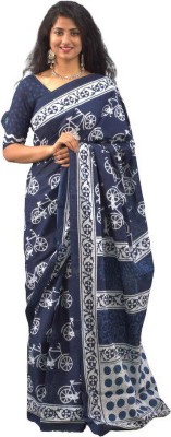 KRISHNA FASHION Printed Daily Wear Pure Cotton Saree(Dark Blue)