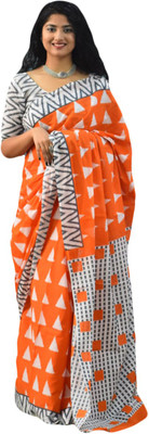 NIKHILAM Printed Daily Wear Pure Cotton Saree(Orange)