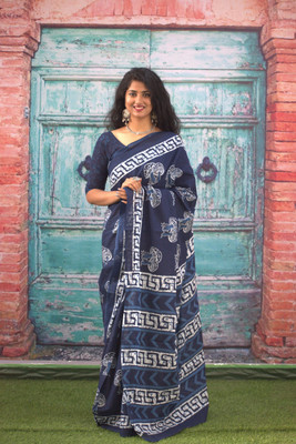 JAI HANUMAN HAND PRINTING Printed Daily Wear Pure Cotton Saree(Dark Blue)