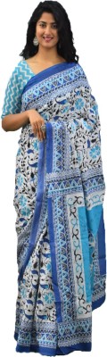 JAIPURI BLOCK PRINT Printed, Blocked Printed, Floral Print Bollywood Pure Cotton Saree(Light Blue)