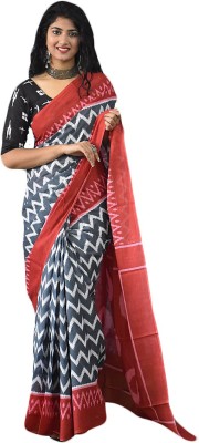 JAIPURI BLOCK PRINT Printed, Blocked Printed, Striped Daily Wear Pure Cotton Saree(Grey)