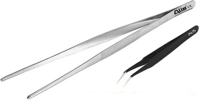 ALIS PROFESSIONAL Long Tweezers Long Straight Kitchen Tweezer with Precision Serrated Tip for Chefs | Stainless Steel Food Tweezer for Precise Plate Detailing - Durable & Sturdy (10” inch) + Free Curved Tweezer Black Glossy 25.4 cm Serving Tongs(Pack of 2)