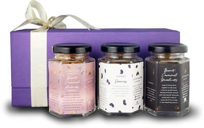 la chocoallure Over The Moon Chocolate Gift Box Combo Of Burnt Caramel Almonds & Hazelnuts With Prunes Dragees (3 x 100gm) Fudges(3 x 100 g)