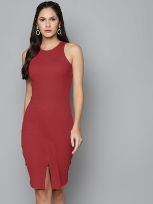 SASSAFRAS Women Bodycon Red Midi/Calf Length Dress