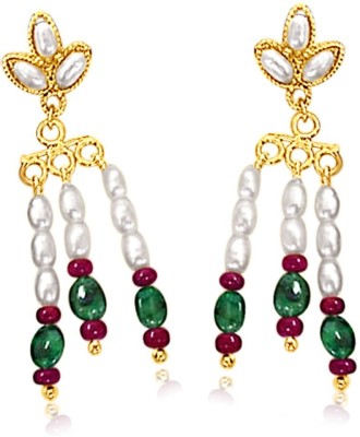 Surat Diamond Green Oval Emerald, Red Ruby Beads & Rice Pearl Hanging Earrings for Women (SE132) Emerald, Pearl, Ruby Metal Drops & Danglers