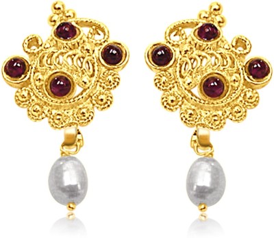 Surat Diamond Eternal Feelings - 24kt Gold Plated, Freshwater Pearl & Garnet Earrings for Women (SE141) Pearl, Garnet Metal Drops & Danglers