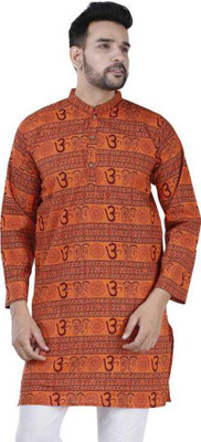 aruati Men Printed Straight Kurta(Orange)