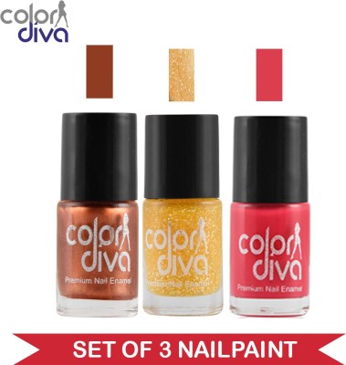 Color Diva Maybe Nail Paint Rosy Pink Matte, Yellow Glitter, Copper Matte 6 ml Each Multicolor(Pack of 3)