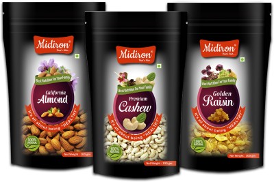 Midiron Dry Fruits Combo Pack California Almond, Premium Whole Cashew & Golden Raisin for Daily Need Snack Pack-3(100gm Each) Almonds, Cashews, Raisins(3 x 100 g)
