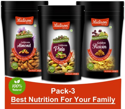 Midiron Dry Fruits Combo Pack California Almond & Pista (Pistachio), Golden Raisin for Daily Need Snack Pack-3(100gm Each) Pistachios, Almonds, Raisins(3 x 100 g)
