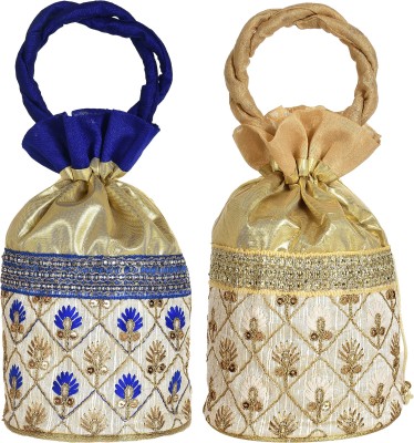 KUBER INDUSTRIES Embroidered Design Potli bags Handbags for Women Gifting Wristlets For Wedding, Festival, Kitty Subh Shagun-Pack of 2 (Blue & Gold) Potli(Pack of 2)