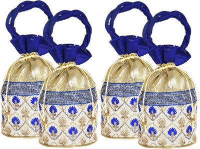 KUBER INDUSTRIES Embroidered Design Potli bags Handbags for Women Gifting Wristlets For Wedding, Festival, Kitty Subh Shagun-Pack of 4 (Blue) Potli(Pack of 4)