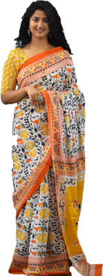 JAIPURI BLOCK PRINT Printed, Blocked Printed, Floral Print Ikkat Pure Cotton Saree(Orange)