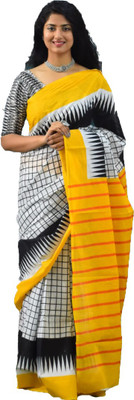 hastshilpi Printed, Color Block, Blocked Printed Daily Wear Pure Cotton Saree(Grey, Yellow)
