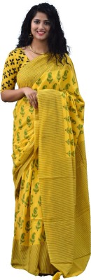 JAIPURI BLOCK PRINT Striped, Blocked Printed, Floral Print Bollywood Pure Cotton Saree(Yellow)