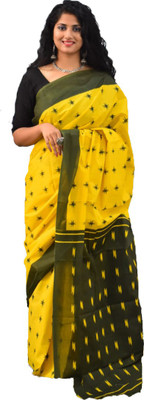 JAIPURI BLOCK PRINT Printed, Blocked Printed, Striped, Dyed Bollywood Pure Cotton Saree(Yellow)