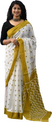 NIKHILAM Blocked Printed Ikkat Pure Cotton Saree(Mustard)