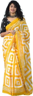 Pinkcity Trade World Printed, Color Block, Blocked Printed Ikkat Pure Cotton Saree(White, Yellow)