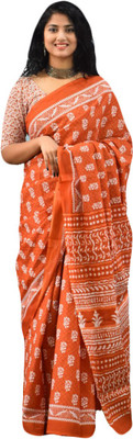NIKHILAM Printed, Blocked Printed, Floral Print Bollywood Pure Cotton Saree(Orange)