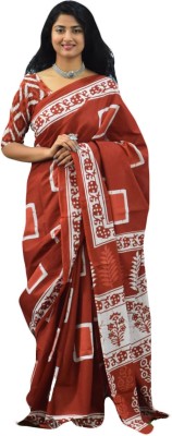 NIKHILAM Printed Ikkat Pure Cotton Saree(Red)