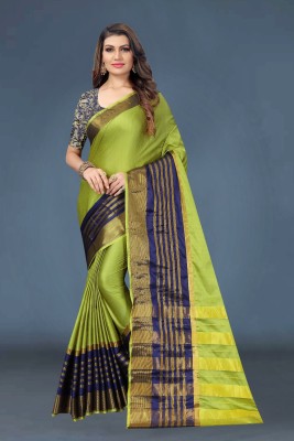Apnisha Striped Bollywood Cotton Silk Saree(Green)