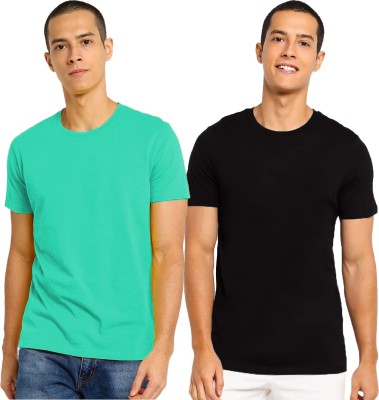 mebadass Solid Men Round Neck Black, Light Green T-Shirt