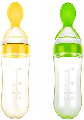 MulberryCart Presents 2 Pcs Soft Silicone Baby Food Feeder Squeeze Bottle for Solid Food with Dispensing Spoon Squeeze Feeder with Spoon - Spoon Bottle for Baby 90ml Feeder(Yellow Green)
