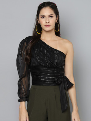 SASSAFRAS Casual 3/4 Sleeve Striped Women Black Top