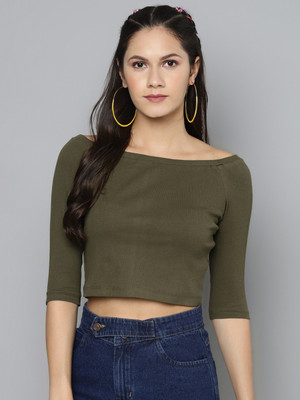 SASSAFRAS Casual 3/4 Sleeve Solid Women Green Top