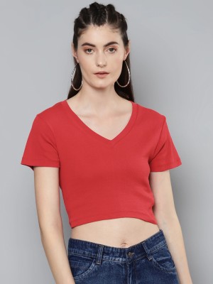 SASSAFRAS Casual Short Sleeve Solid Women Red Top