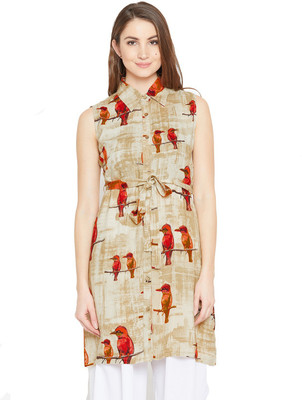 BITTERLIME Casual Sleeveless Printed Women Beige Top