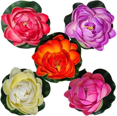 AGAMI Premium Decorative Medium 4 inch Size Floating Lotus Artificial Flower for Decoration and Gifting Red, Pink, Orange, White, Yellow, Blue, Purple Lotus Artificial Flower(4 inch, Pack of 5, Single Flower)