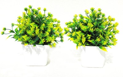 zonezer Green Wild Flower Artificial Flower  with Pot(6 inch, Pack of 2, Flower with Basket)