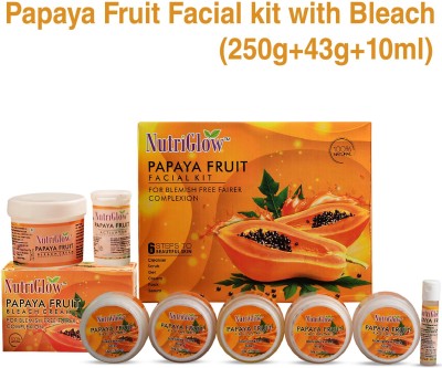 NutriGlow Papaya Fruit Combo Set : Facial Kit (250 gm) + Bleach Cream Kit (43 gm) / For Blemish Free Fairer Complexion / Lightens Skin/Moisturizes Skin(2 Items in the set)