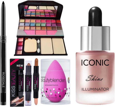 Crynn Smudge Proof Kajal & TYA 6155 Makeup Kit & Beauty Blender Sponge Puff & Kiss Beauty Highlighter & Contour Stick & Studio Iconic Shine Illuminator Highlighter(5 Items in the set)