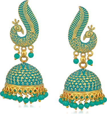mahi Gold Tone Blue Meenakari work Blooming Peacock Shaped Jhumki Earrings Pearl Alloy Jhumki Earring
