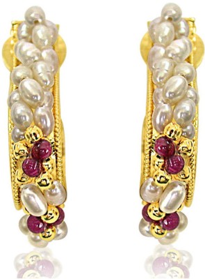 Surat Diamond I Like You - Real Rice Pearl & Red Garnet Twisted Bali Style Earrings for Women (SE25) Pearl, Garnet Metal Hoop Earring