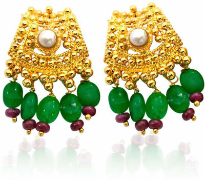 Surat Diamond Gold-Plated Pearl, Emerald, and Ruby Dangling Stud Earrings (SE107) Emerald, Pearl, Ruby Metal Drops & Danglers