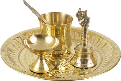 Spillbox Traditional Handcrafted Brass Thali|Aarti Plain Plate- Diya-Bell-dhoop Brass(1 Pieces, Gold)