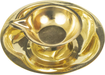 Spillbox Traditional Handcrafted Brass Deepak Diya Oil lotus Lamp with plate for Home Temple Puja Articles Decor Gifts-Pack Of-1 Brass(1 Pieces, Gold)