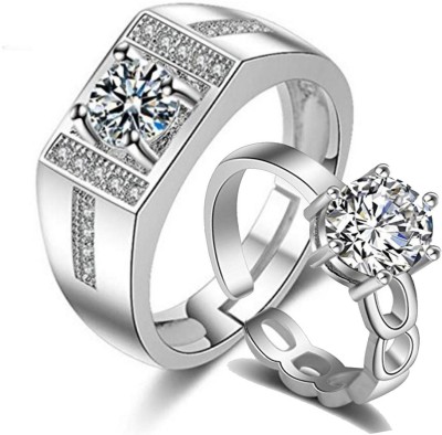 MYKI Engagement Special Valentine Adjustable Couple Rings Sterling Silver Cubic Zirconia Sterling Silver Plated Ring Set