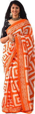 JAIPURI BLOCK PRINT Printed Daily Wear Pure Cotton Saree(Orange)