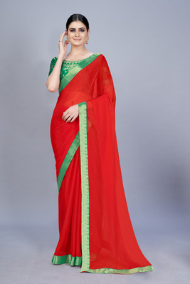 Wamsi Solid/Plain Bollywood Chiffon Saree(Red)