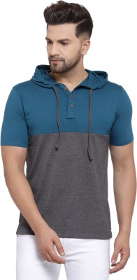 KALT Colorblock Men Hooded Neck Blue, Grey T-Shirt