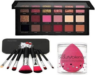 Zuen 18 color rosegold eyeshadow with 7 black brushes and beauty blender puff (3 Items in the set)(3 Items in the set)