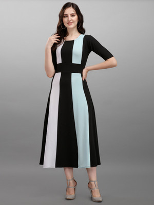 PURVAJA Women Fit and Flare Multicolor Midi/Calf Length Dress