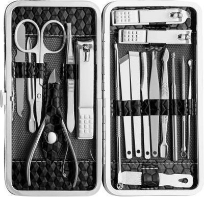 GLOW IT 18 in 1 Stainless Steel Manicure Pedicure Set Nail Cutter Scissors Care Set Tweezers Knife Ear Pick Eyebrow Scissors Utility Tools Grooming Kits with Leather Case(18 ml, Set of 1)