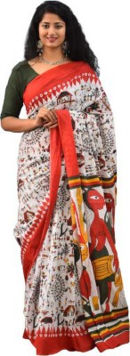 Tropwear Printed, Self Design, Digital Print, Hand Painted, Blocked Printed Ikkat Pure Cotton Saree(White)