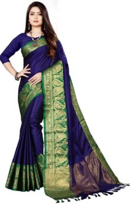 WILLMAKE Woven Bollywood Jacquard, Cotton Silk Saree(Dark Blue)