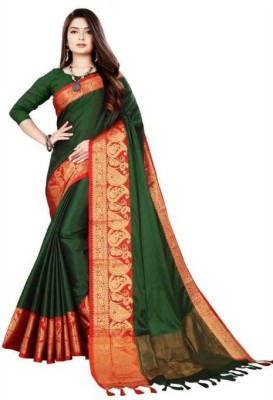 WILLMAKE Woven Bollywood Jacquard, Cotton Silk Saree(Dark Green)